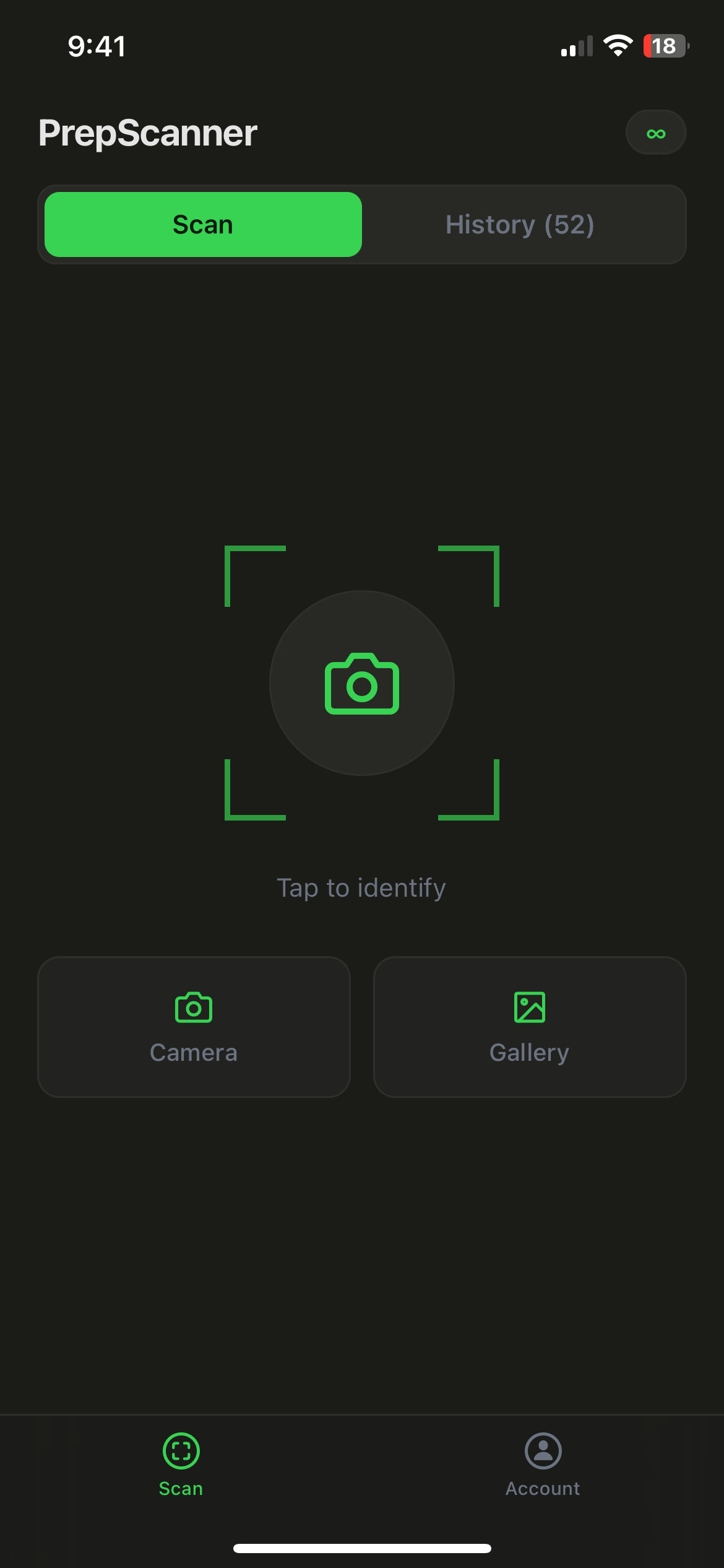 PrepScanner scan screen